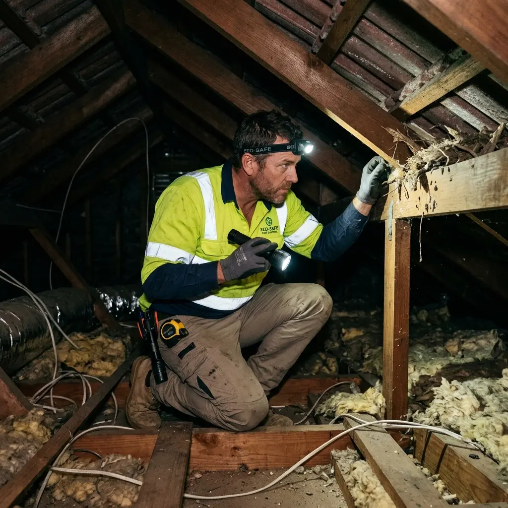 Technician inspecting a Rosebud subfloor void for a deceased cat